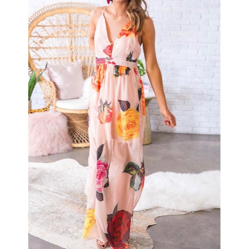 L’Atiste by Amy Peach Floral Chiffon Sleeveless Maxi Dress Open Back size Small